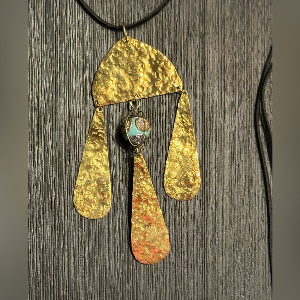 Beaten Brass Gold Tempest 'Pluviam' Long Abstract Hammered Statement  necklace